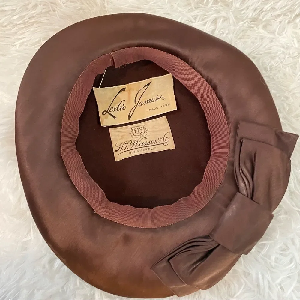 Vintage 1940s Bronze Satin Dish Hat with Golden Cloisonné Hat Pin - Picture 9 of 12